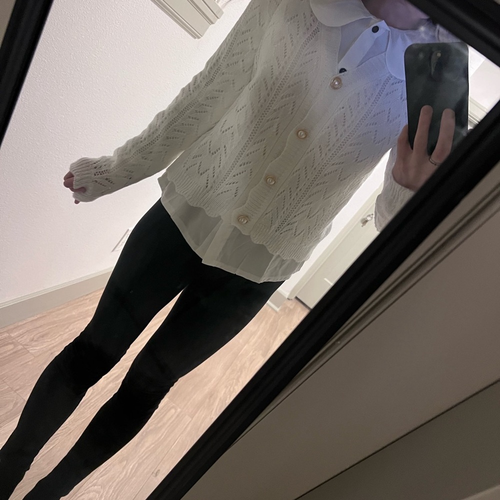 White Cardigan + collared shirt